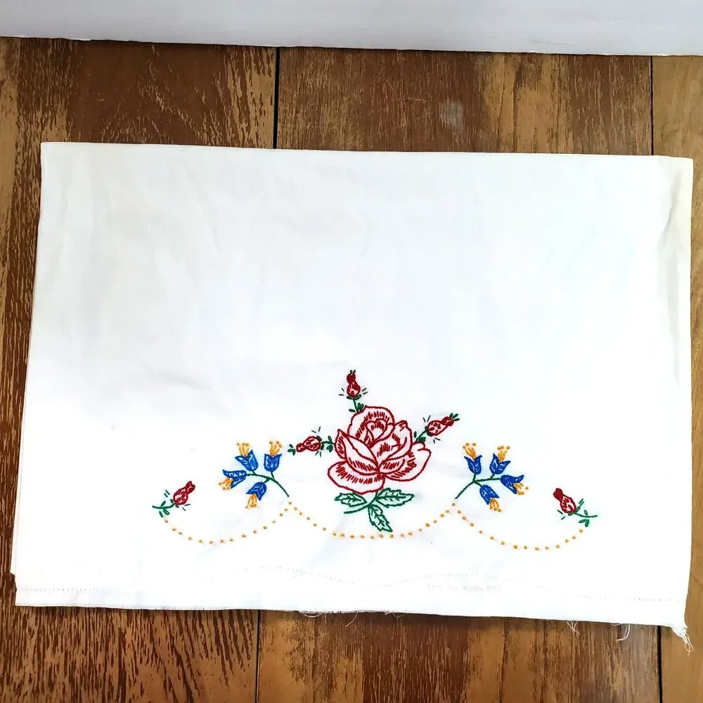 Vintage Hand Embroidered Floral Pillowcases White Cotton Pair 2 Cottagecore